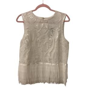 NWOT English Factory White Sequin Party Crop Fringe Top, L